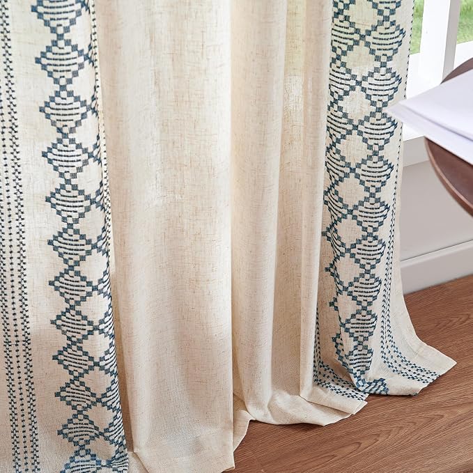 jinchan Floral Linen Curtains Embroidered Back Tab 50x84in 2 Panels Blue | - Image 7