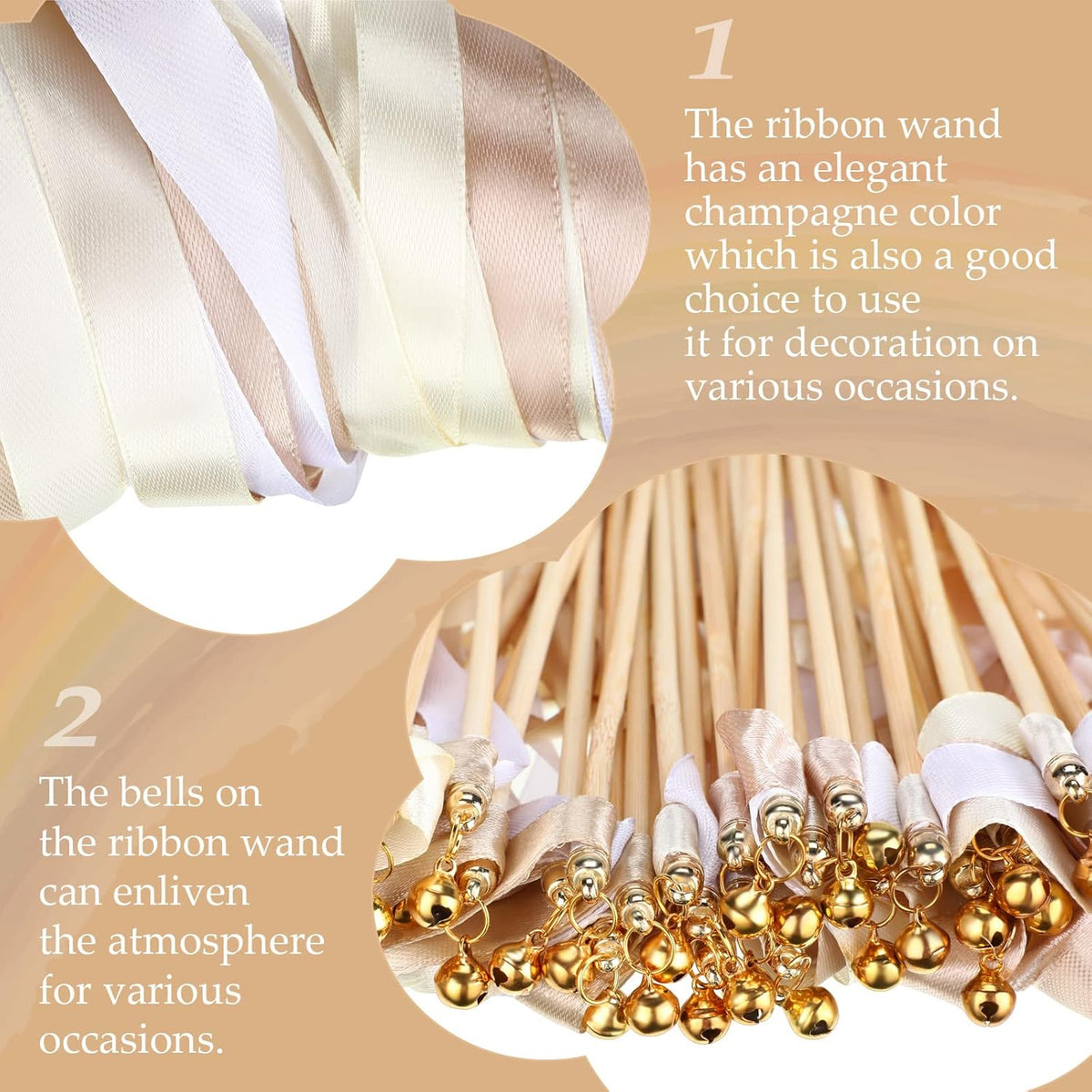 Boao 40 Pieces Mixed Color Ribbon Sticks with Bell, Ribbon Sticks for Stick Party, Streamers for Wedding Birthday Party Celebration Baby Shower Favors(White, Beige, Champagne)
