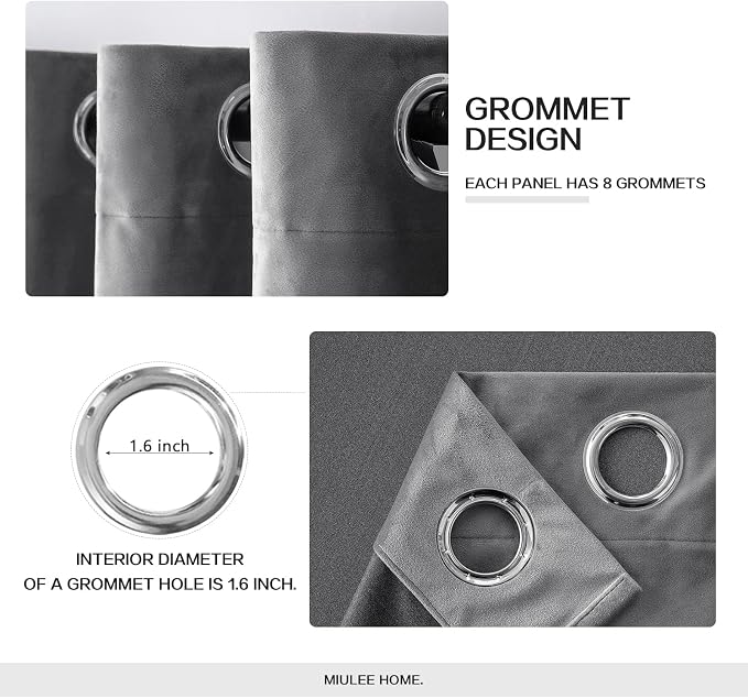 MIULEE Velvet Curtains Grey 52 x 72 Inch Length Set of 2 | Grommet Drapes - Image 2