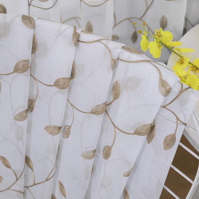 Tollpiz Leaves Short Sheer Curtain Taupe Leaf Embroidery Living Room Curtains - Image 7
