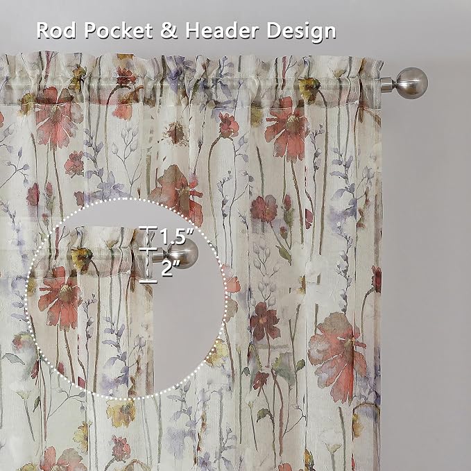 Crushed Sheer Curtains 90 Inch Length 2 Panels Set, Sheer Floral Curtains - Image 7