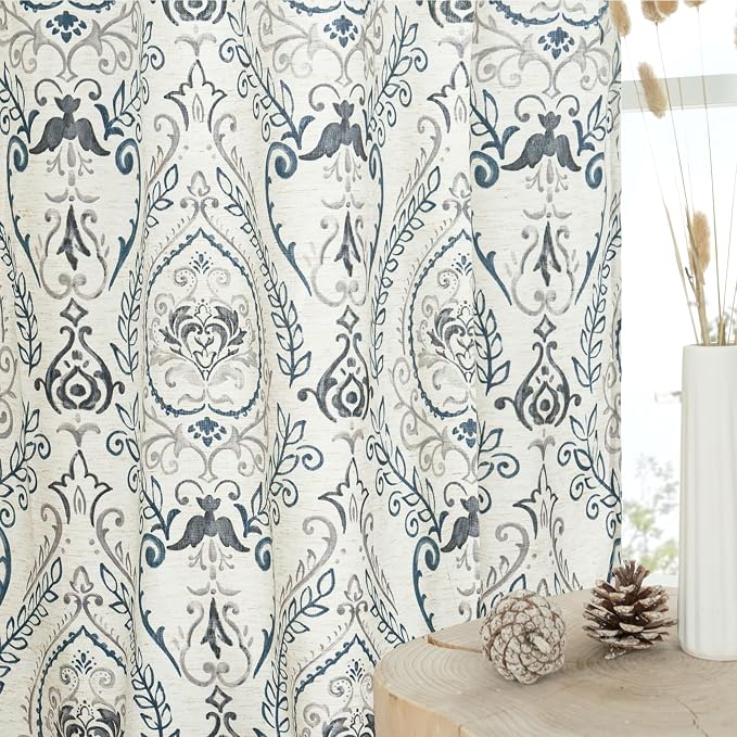 Linen Curtains 95 inch Length for Living Room, Printed Linen Curtains Grommet by LAMIT