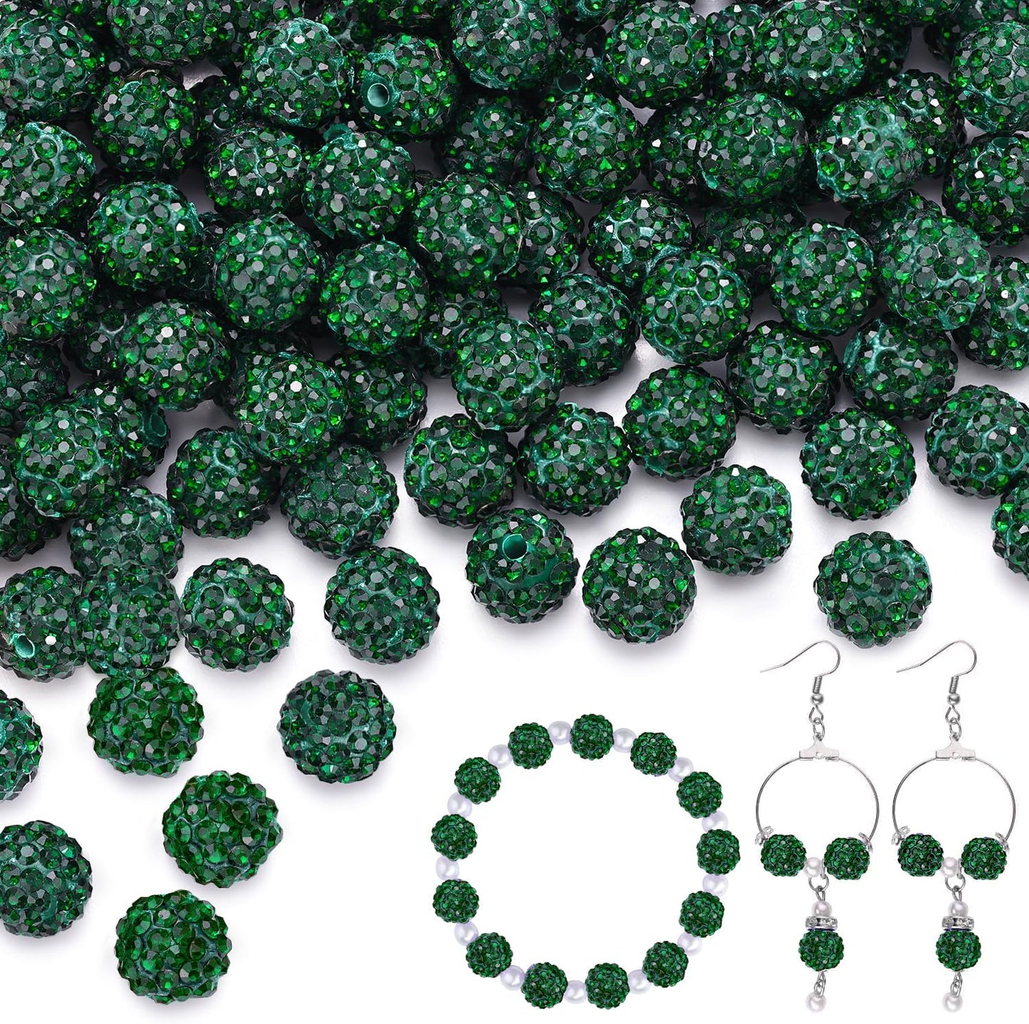 200pcs 10mm Emerald Rhinestone Beads for Jewelry Making, Shiny Round Shamballa Disco Ball Beads Bulk, Sparkle Crystal Clay Christmas for Bracelet Baseball Necklace Earring Crafting and DIY