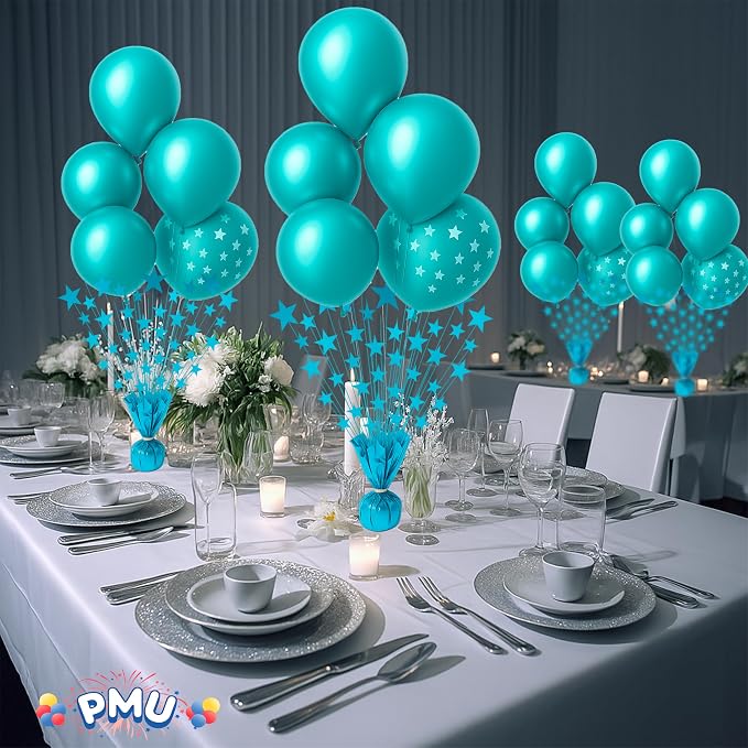 PMU 12 Pack Bursting Star Metallic Foil Spray Centerpiece- Turquoise Balloon - Image 2
