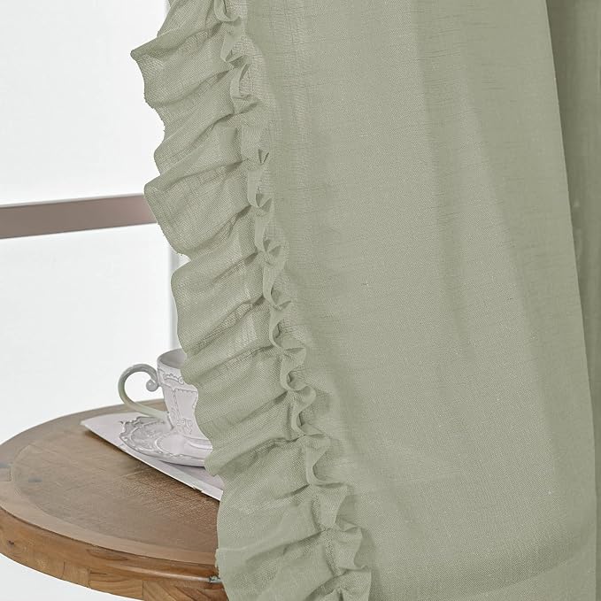 Light Sage Green Linen Ruffled Curtains - Image 3