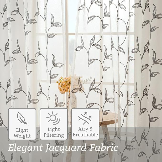 Sheer Kitchen Cafe Curtains Embroidered Leaf Pattern Grey 54x16 | Light - Image 5