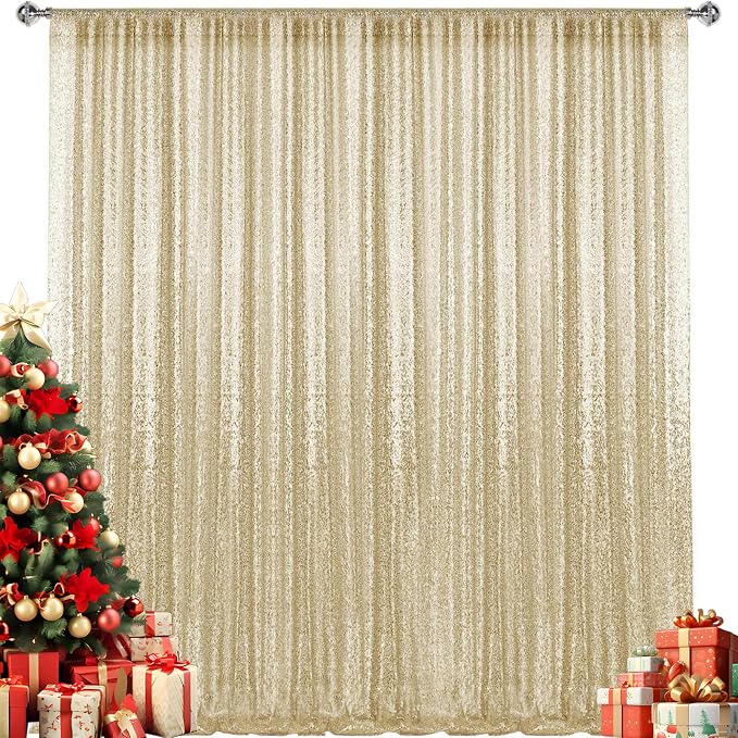 10×10FT Champagne Sequin Backdrop Curtain, Photography Backdrop Glitter by Pufogu