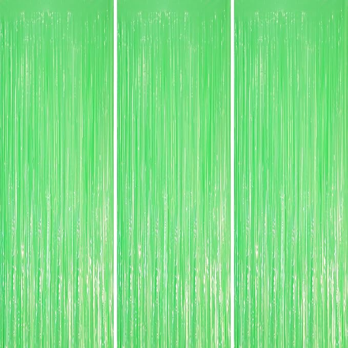 Voircoloria Pastel Green Foil Fringe Backdrop Curtains, 3 Pack | Tinsel by Voircoloria