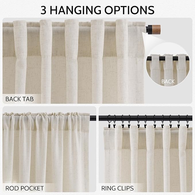 Warm Beige Linen Curtains 63 Inches Long 2 Panel Sets - Image 2