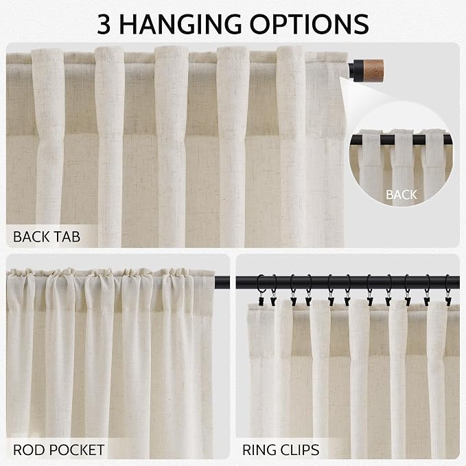 Warm Beige Linen Curtains 84 Inch Length 2 Panels Set - Image 2