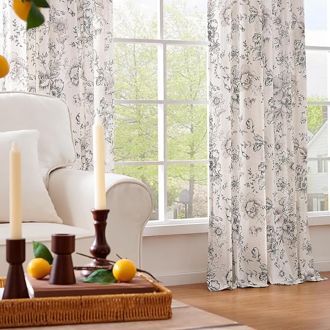 jinchan Black Floral Linen Curtains 96 Inch Farmhouse Back Tab 2 Panels | Light - Image 5
