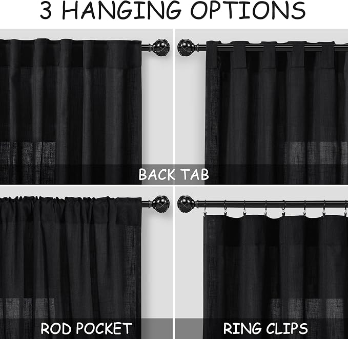 Black Curtains 95 Inches Long 2 Panel Set Back Tab Sheer Black Linen Curtain - Image 2