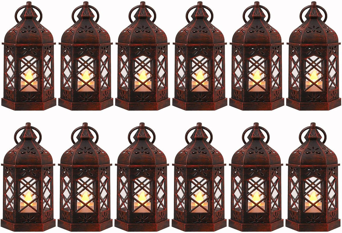 LLQ 12PCS Brushed Red Mini Lantern with LED Tealight for Halloween Decorations, Small Moroccan Lanterns for Wedding Decor, Vintage Christmas Lights for Table Centerpiece, Hanging Ornaments Bulk