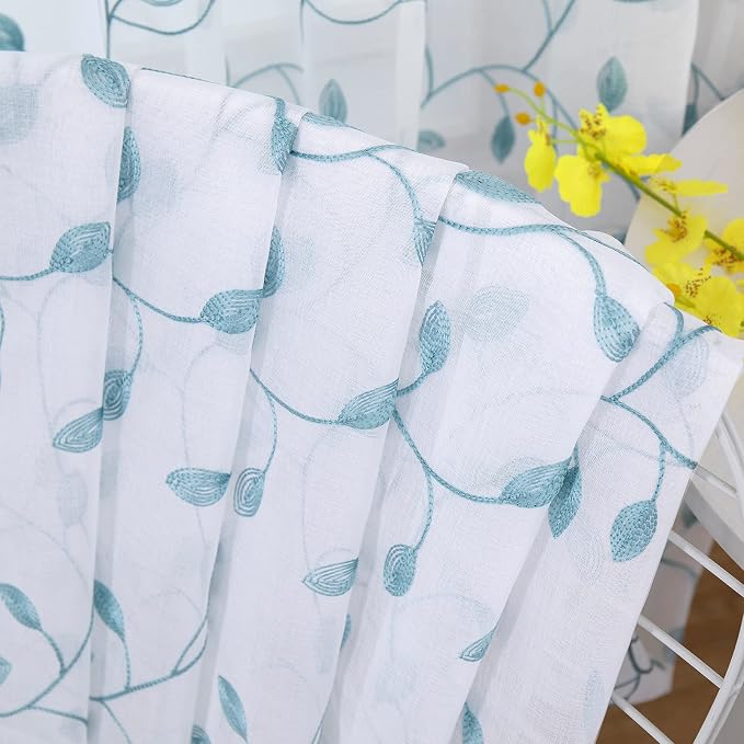 Tollpiz Leaves Sheer Tier Curtain Teal Blue Leaf Embroidery Kitchen Half - Image 7