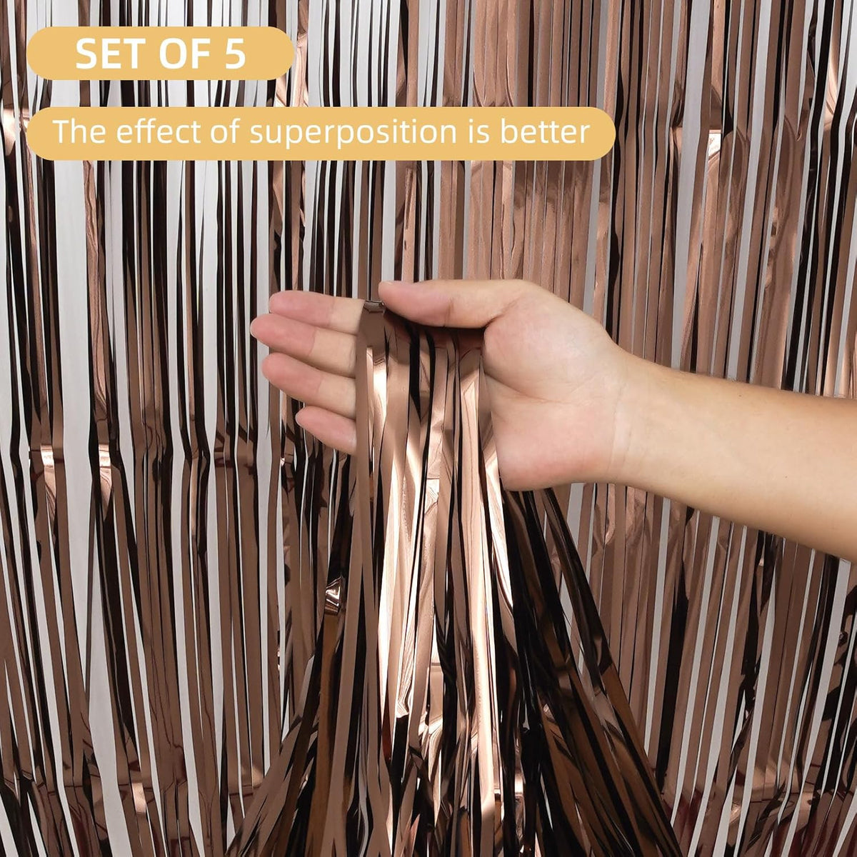 5 Pack Brown Fringe Backdrop 3.2ft x 8.2ft Silver Foil Fringe Curtains Party Tinsel Curtain Backdrop Streamers for Birthday Party Decoration Wedding Christmas Decoration (Brown)
