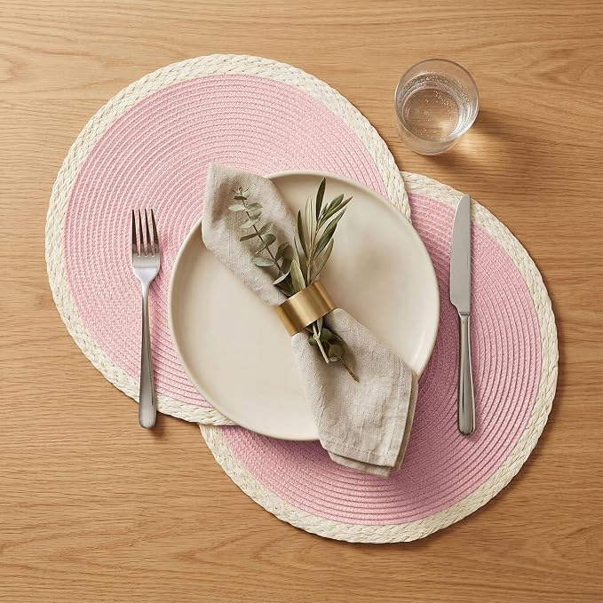 Round Placemats Set of 6, Woven Table Mats, Mint Pink | Braided Paper Edge - Image 3