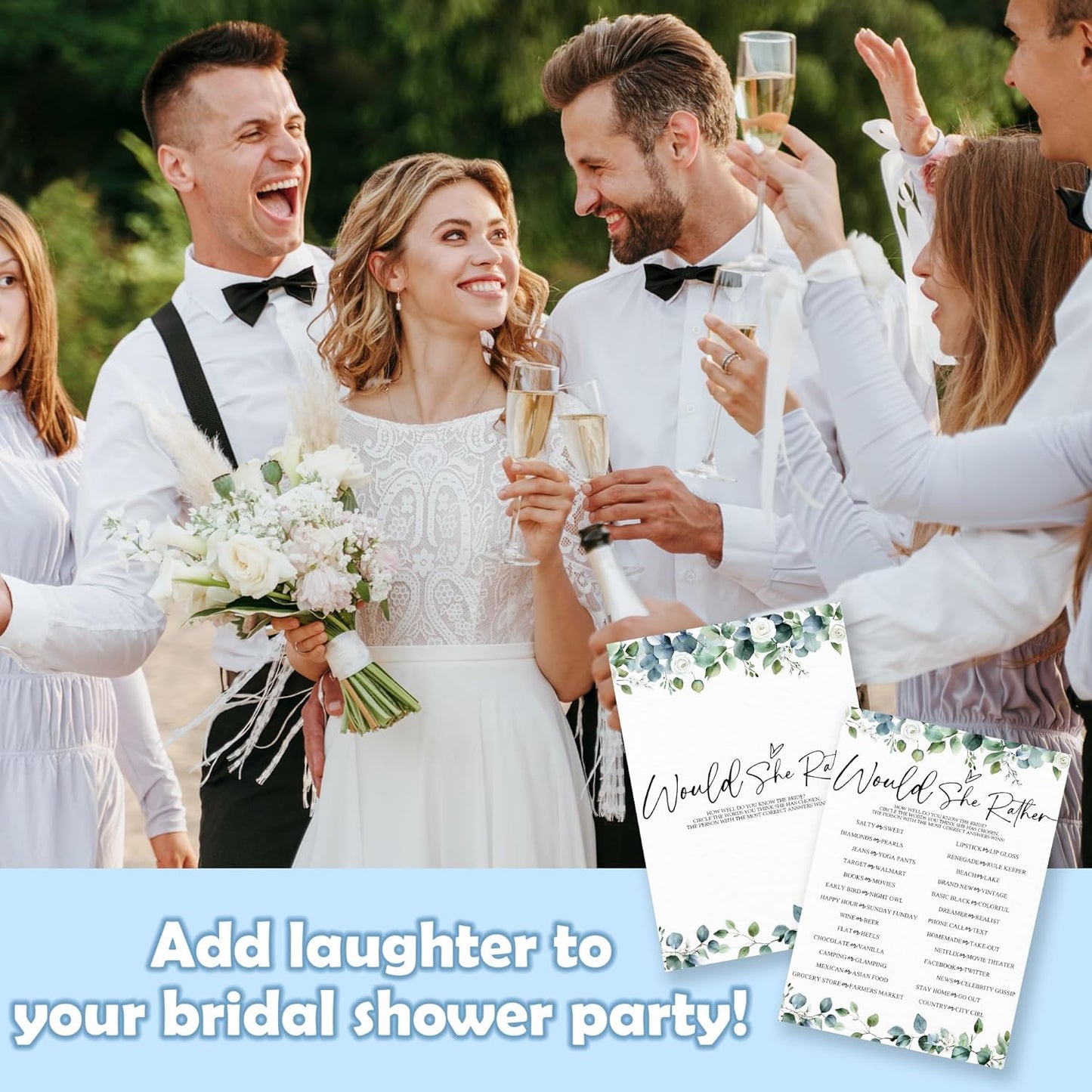 He Said She Said - Botanical Bridal Shower Game Cards - 50 Pcs Eucalyptus Leaves Game Cards - Funny Wedding Party Games for Bride & Groom - Activities for Bachelorette Party - A03