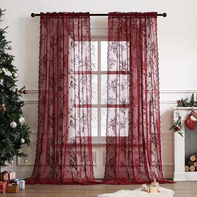 Maroon Lace Curtains 72 Inch Length Modern Floral Curtains 2 Panels set - Image 2