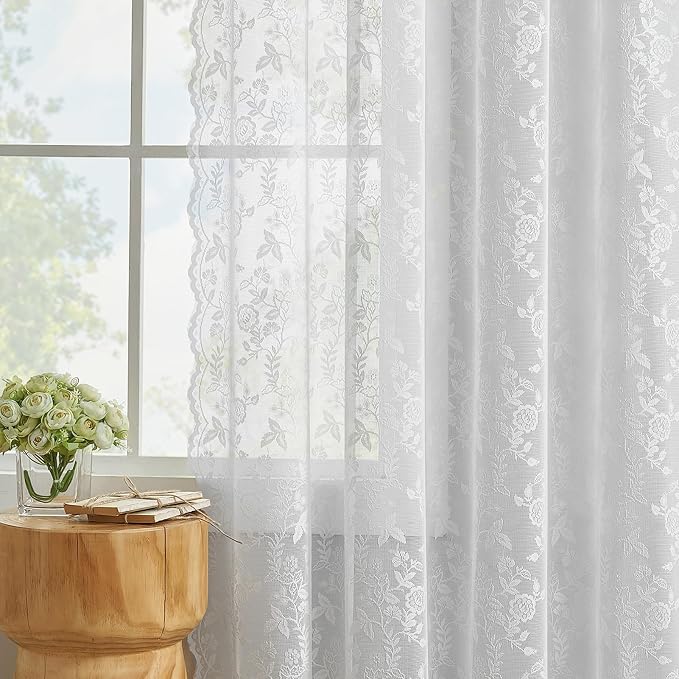 FINECITY White Lace Kitchen Curtains Rustic Floral W42 x L45 Inch 2 Panels | - Image 4