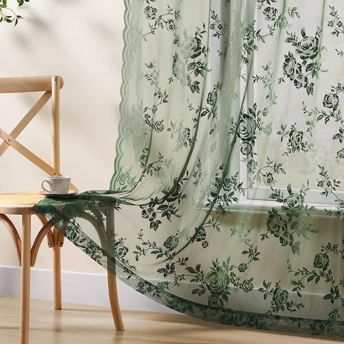 Dark Green Lace Curtains 80 Inches Long Victorian Floral Sheer Curtains - Image 5