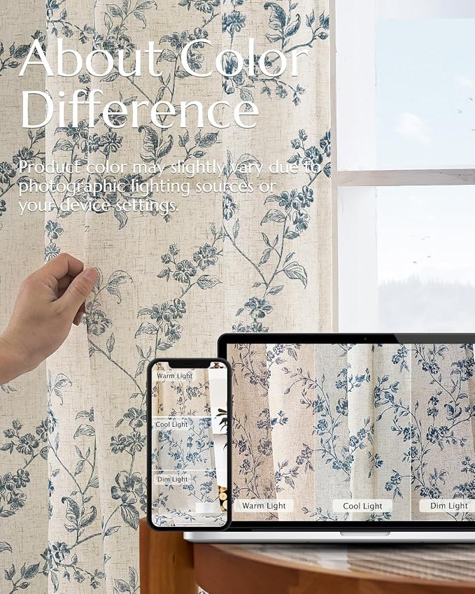 jinchan Blue Floral Linen Curtains 84 Inch French Country Back Tab 2 Panels | - Image 7
