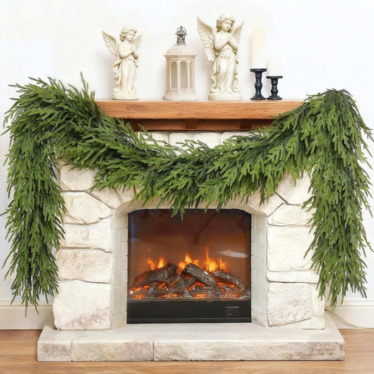 9FT Christmas Artificial Norfolk Pine Garland for Fireplace - Realistic Faux Greenery Fake Garland for Holiday,Table, Window,Mantel,Stairs, Home,Indoor Outdoor Decor (2PCS)