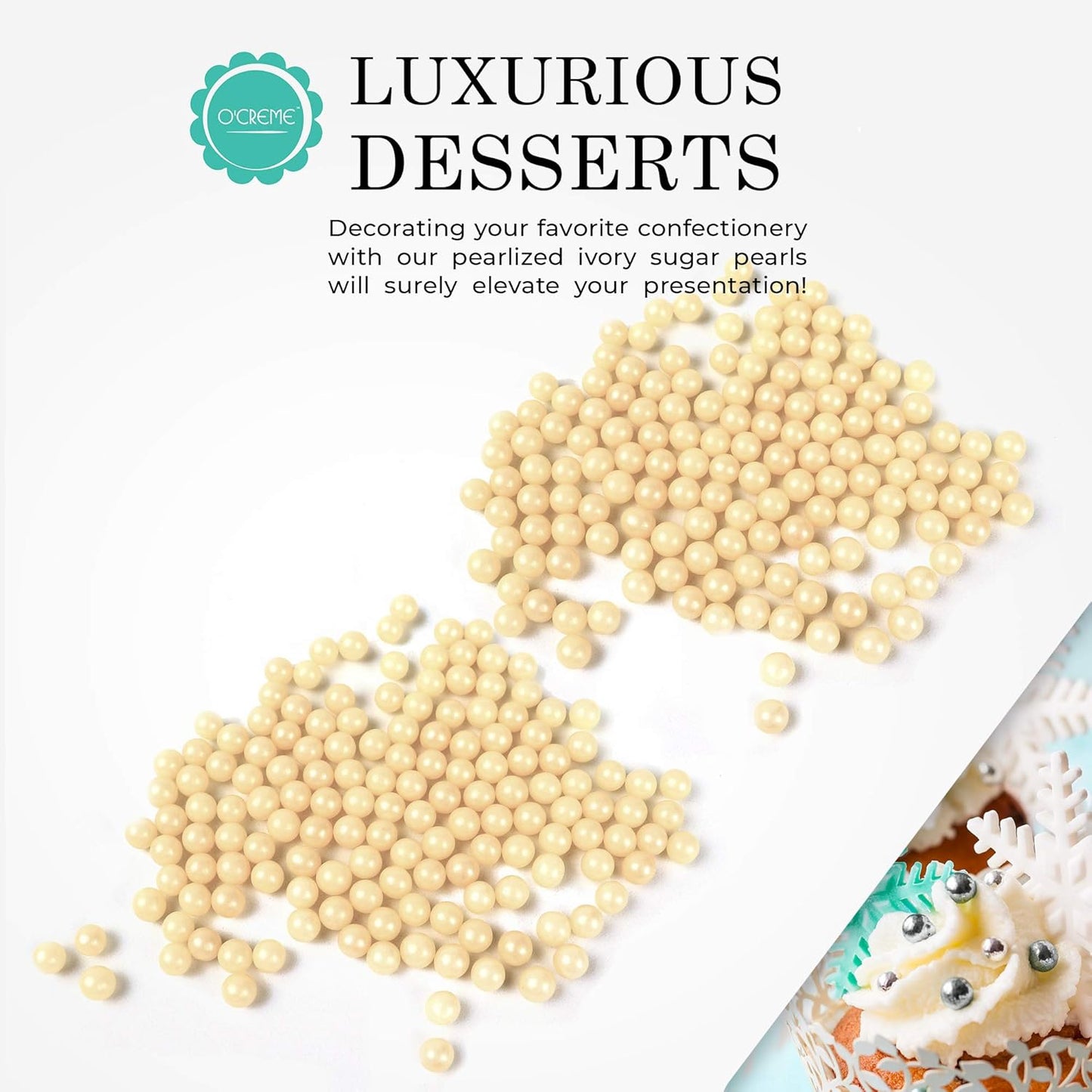 O'Creme Ivory Edible Sugar Pearls Cake Decorating Supplies for Bakers: Cookie, Cupcake & Icing Toppings, Beads Sprinkles For Baking, Certified, Candy Sugar Ball Accents (4mm, 16 Oz)