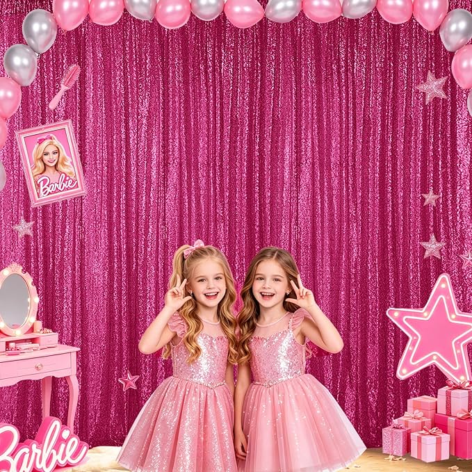 Hahuho Fuchsia Sequin Backdrop Curtain, Party Decoration（2 Panels, 2FT x 8FT - Image 3