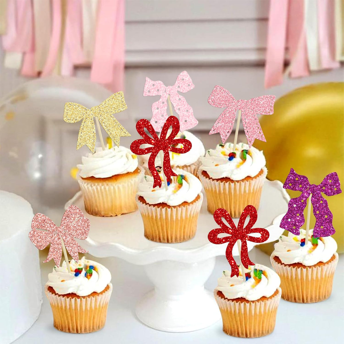 Ephlyn 24Pcs Bow Cupcake Toppers Bow Birthday Cake Topper Girls Birthday Party Decorations Bowknot Cupcake Decorations for Bridal Baby Shower Birthday Wedding Themed Party Pink Gold Purple Rose Red