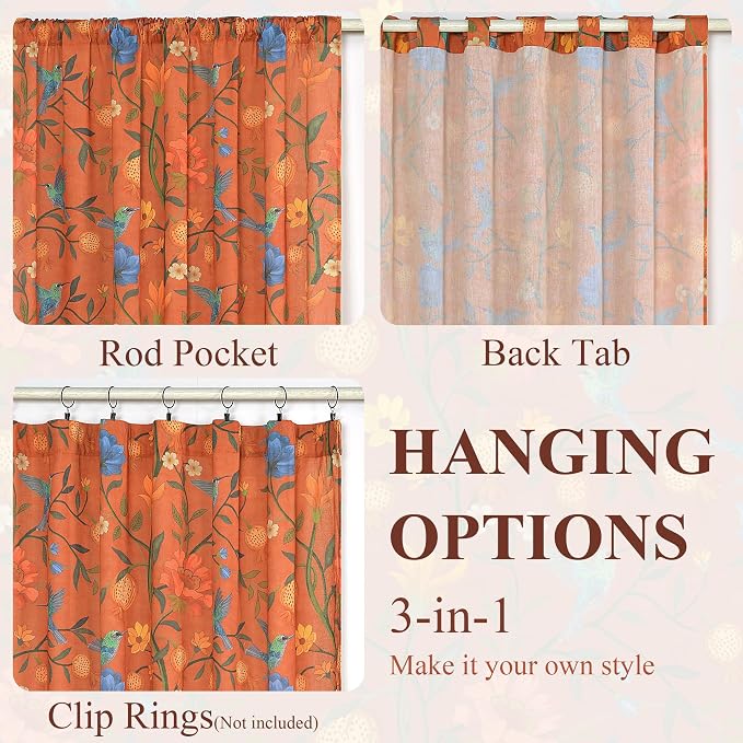 Terracotta Floral Linen Curtains, Boho Whimsical Bird Print Curtains - Image 8