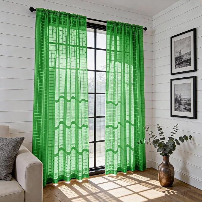 SpaceDresser Check Sheer Curtains 45 Inches 2 Panels Set, Rod Pocket Plaid - Image 4