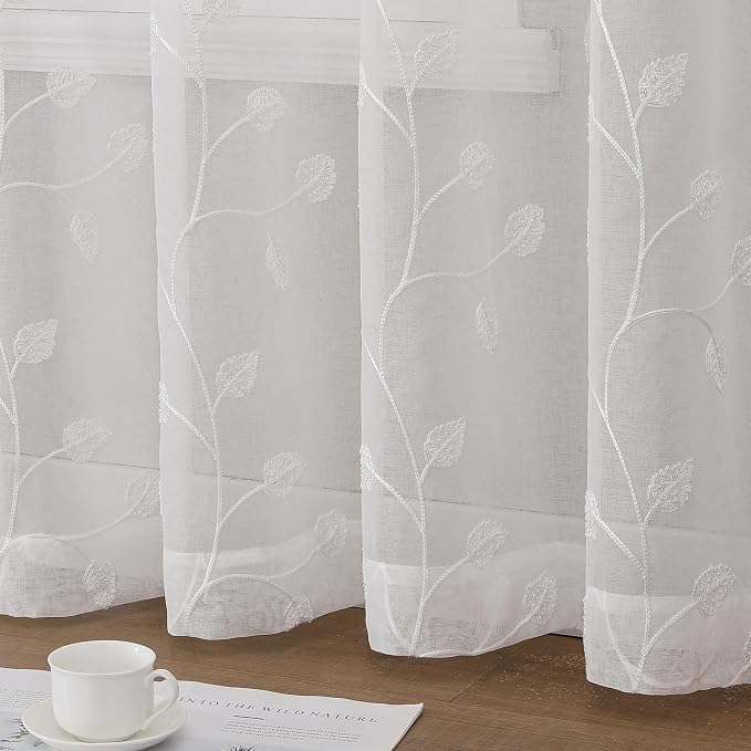 White Sheer Curtains Decorative Embroidered Leaf 63 Inches Long | Light - Image 5