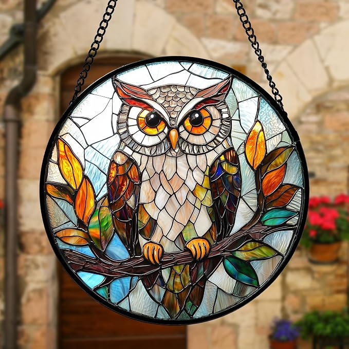 DASTOLL Stained Glass Window Hanging, Owl Colorful Leaves Birds Sun Catchers - Image 2
