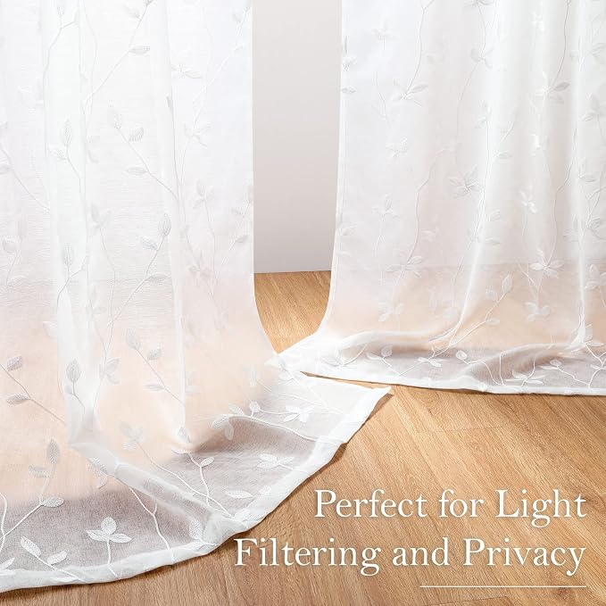 HOMEIDEAS White Sheer Curtains 2 Panels, Embroidered Vine Leaf, W52 x L63 | - Image 6