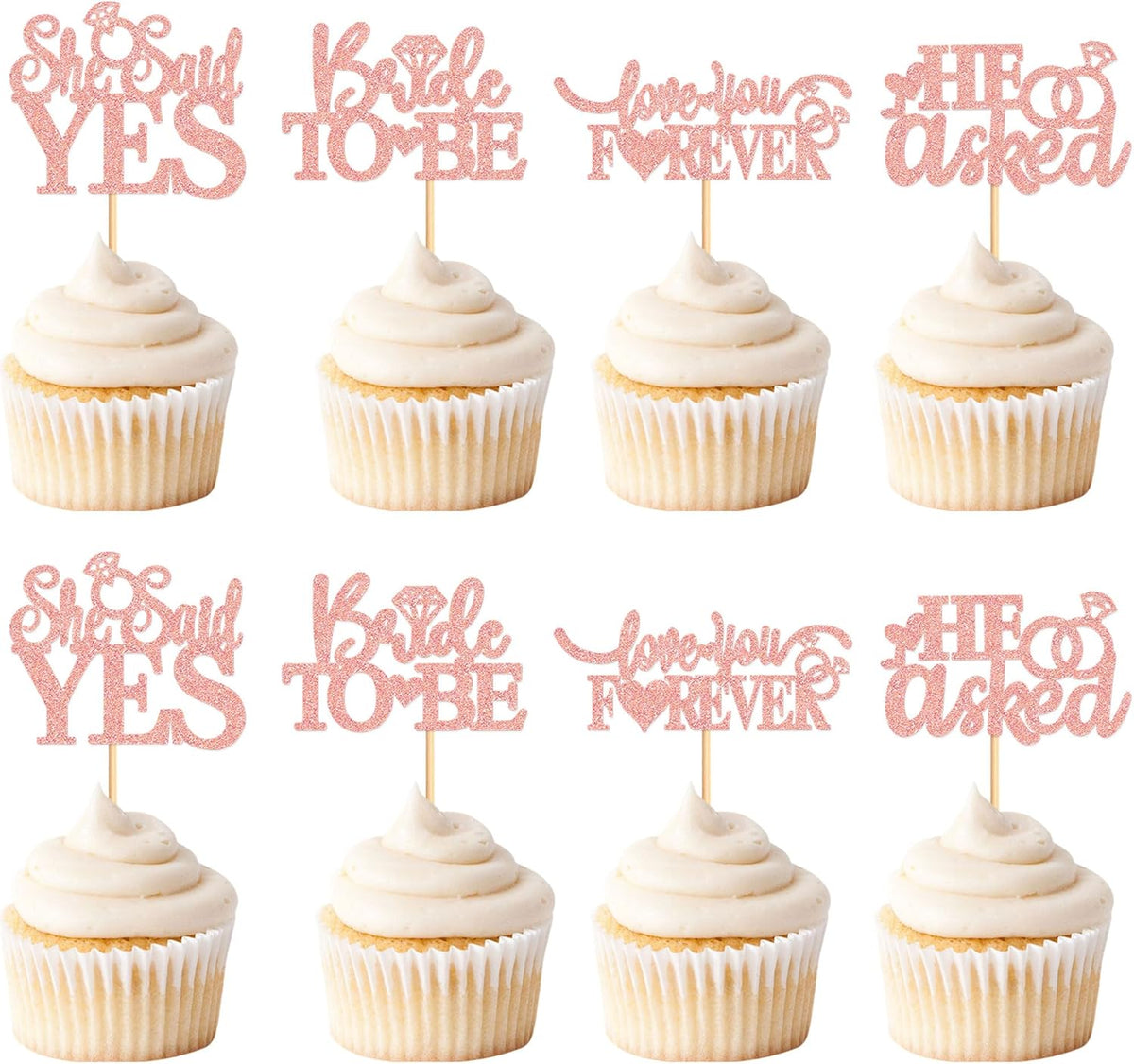 24 Pcs He Asked She Said Yes Cupcake Toppers Cake Picks for Wedding Engagement Party Cake Picks for Wedding Bridal Shower Party Cake Decorations Rose Gold