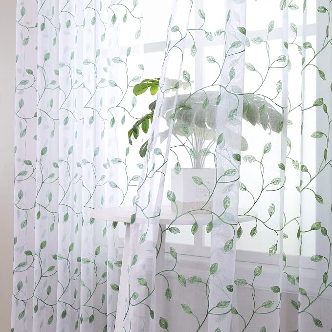 Tollpiz Leaves Sheer Curtain Green Leaf Embroidery Living Room Curtains Rod - Image 2