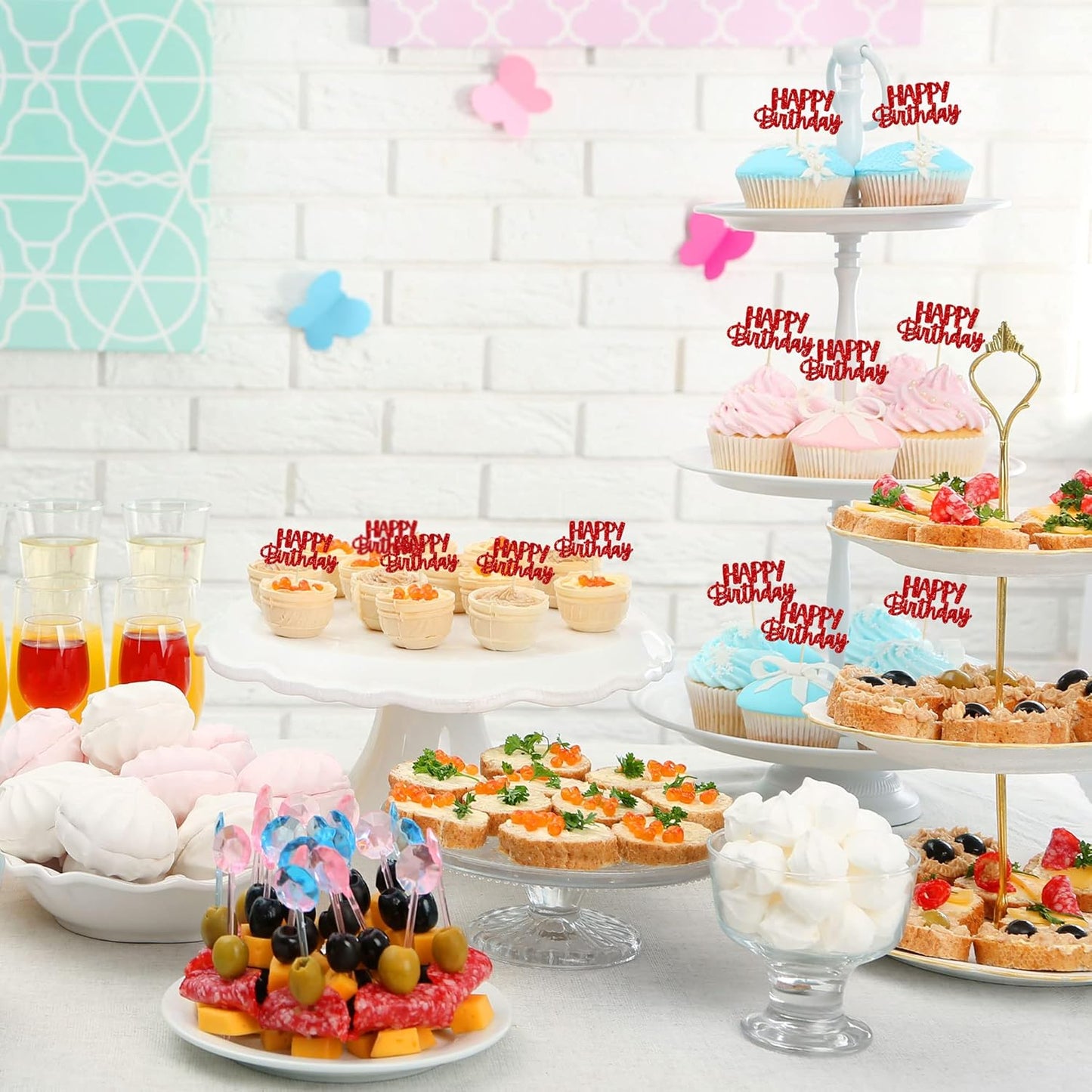 Gyufise 24pcs Happy Birthday Cupcake Toppers - Glitter Cupcake Food Picks for Celebrating Theme Party Cake Decorations - Red