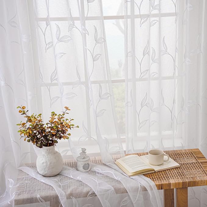 White Sheer Curtains Boho Leaf Floral Embroidered 54Wx108L | Light Filtering - Image 8