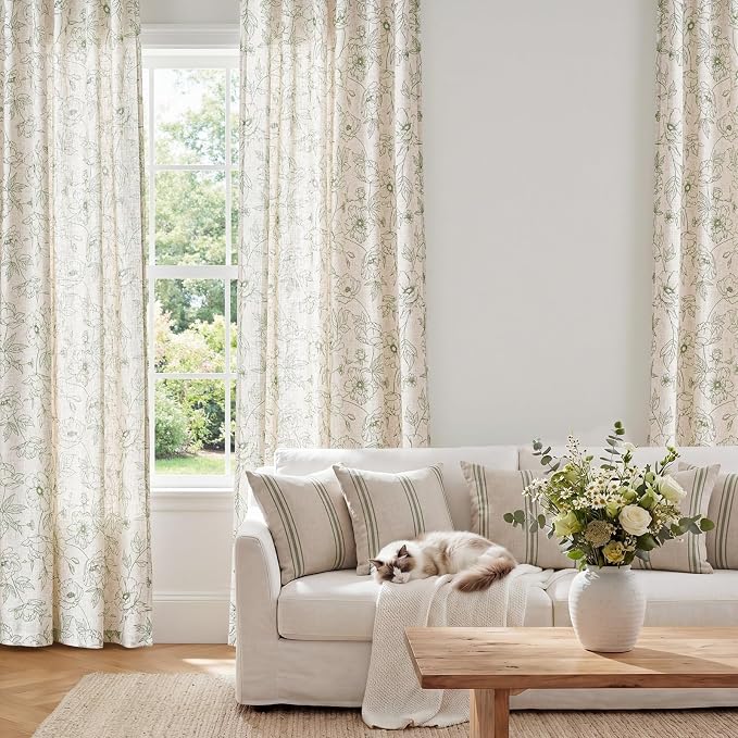 jinchan Floral Linen Curtains for Living Room 63 Inch Length Green Flower - Image 2