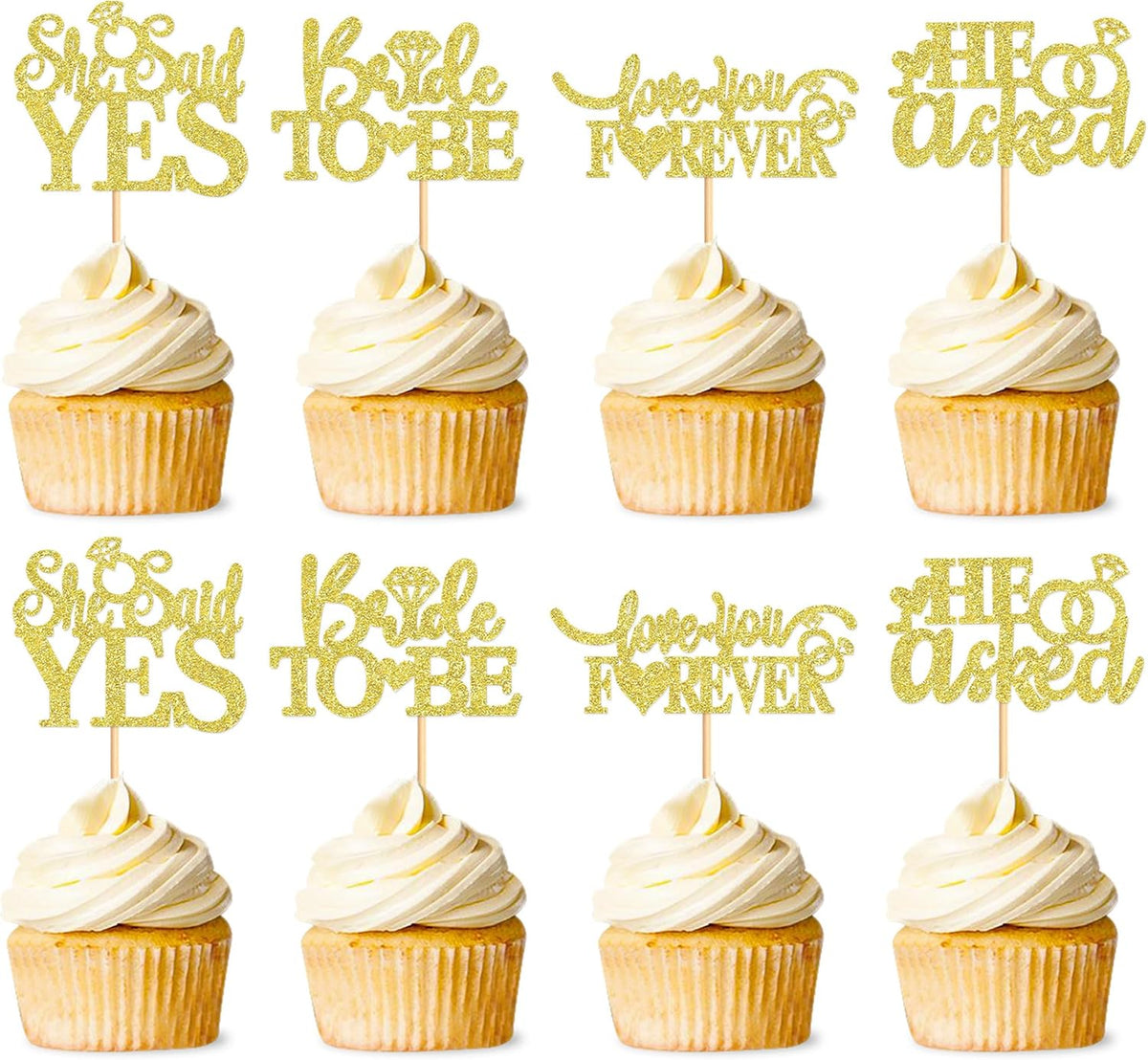 24 Pcs He Asked She Said Yes Cupcake Toppers Cake Picks for Wedding Engagement Party Cake Picks for Wedding Bridal Shower Party Cake Decorations golden