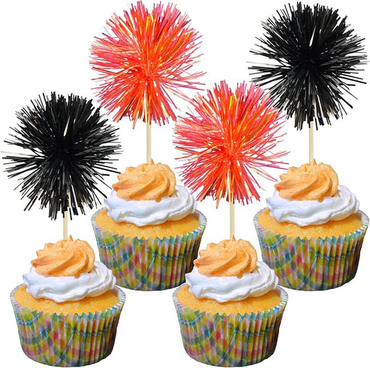 Gyufise 30Pcs Foil Firework Cupcake Toppers Sparkle Tinsel Cake Toppers Tinsel by Gyufise