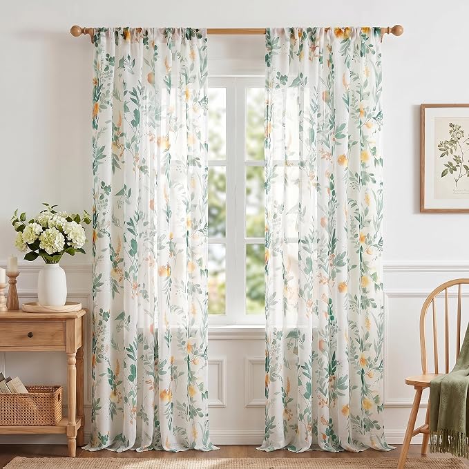 MYSKY HOME Green Sheer Floral Curtains 95 Inch Length - Image 2
