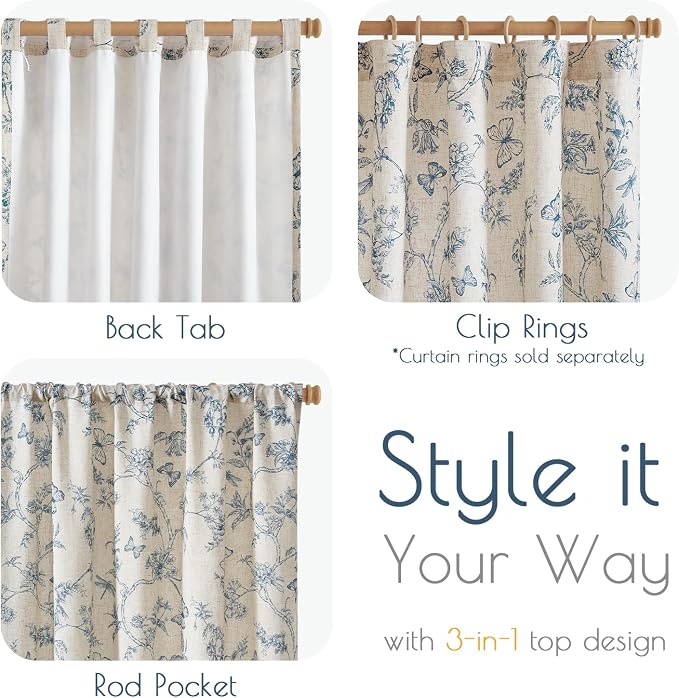Black Floral Linen Lined Curtains Rod Pocket 50W X 96L 2 Panels | Charlotte - Image 6