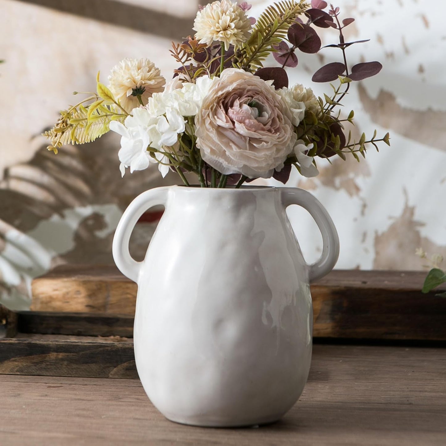 White Ceramic Vase with 2 Handles for Modern Farmhouse Home Decor, Vintage Rustic Decorative Vases, Small Vase for Fresh and Dried Flowers, Centerpiece Table Decorations, 7 Inch