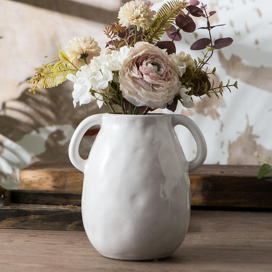 White Ceramic Vase with 2 Handles for Modern Farmhouse Home Decor, Vintage Rustic Decorative Vases, Small Vase for Fresh and Dried Flowers, Centerpiece Table Decorations, 7 Inch