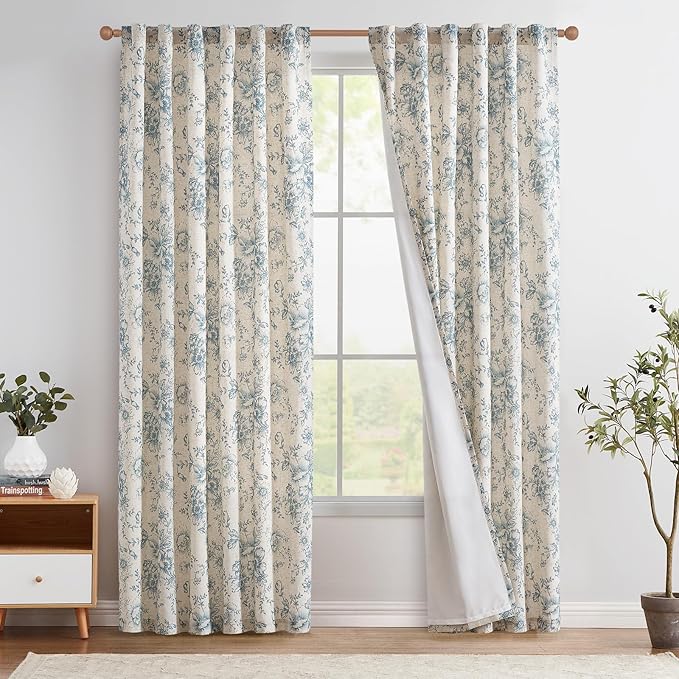 jinchan Blue Floral Linen Curtains Lined 90 Inch Vintage Back Tab 2 Panels | by JINCHAN
