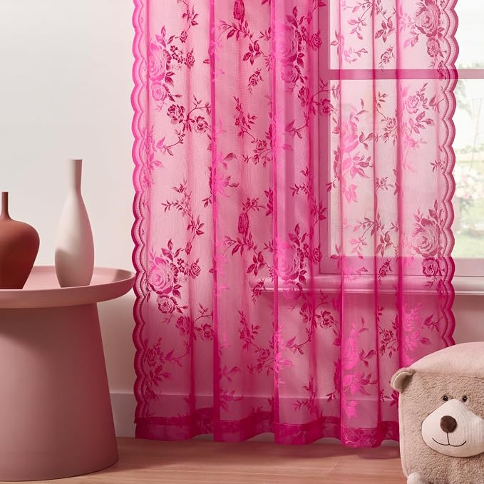 Raspberry Lace Curtains 96 Inches Long 2 Panels Vintage Floral Curtains by SEEKRIGHTHomeDecor