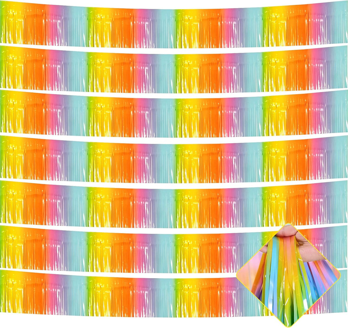 10 Pack 10 Feet Foil Fringe Garland Metallic Tinsel Streamers Banner Wall Hanging Curtain Backdrop for Parade Floats, Bachelorette, Wedding, Birthday, Easter, Carnival Party Decorations(Rainbow)