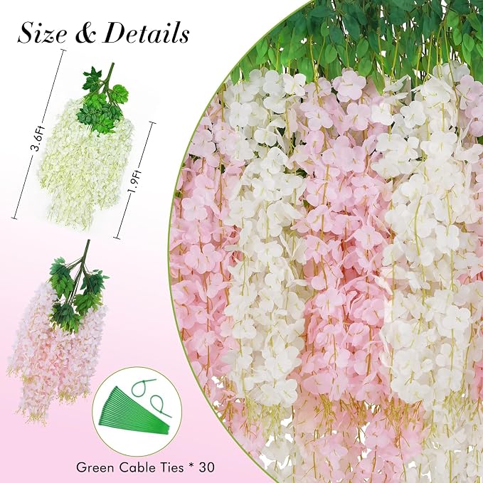 40 Pack White Pink Wisteria Hanging Flowers, Fake Flowers - Image 6