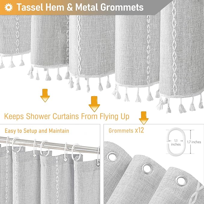 72 x 90 Boho Linen Heavy Duty Cloth Shower Curtain Set, 330GSM Linen Blend - Image 5